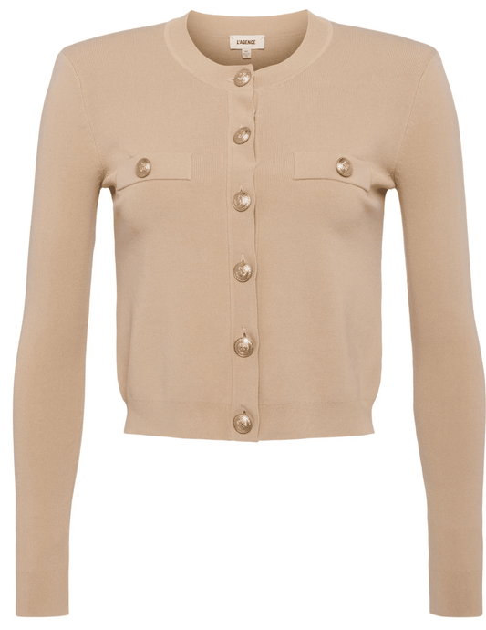 L’AGENCE Toulouse cropped cardigan in Almond with gold embossed buttons