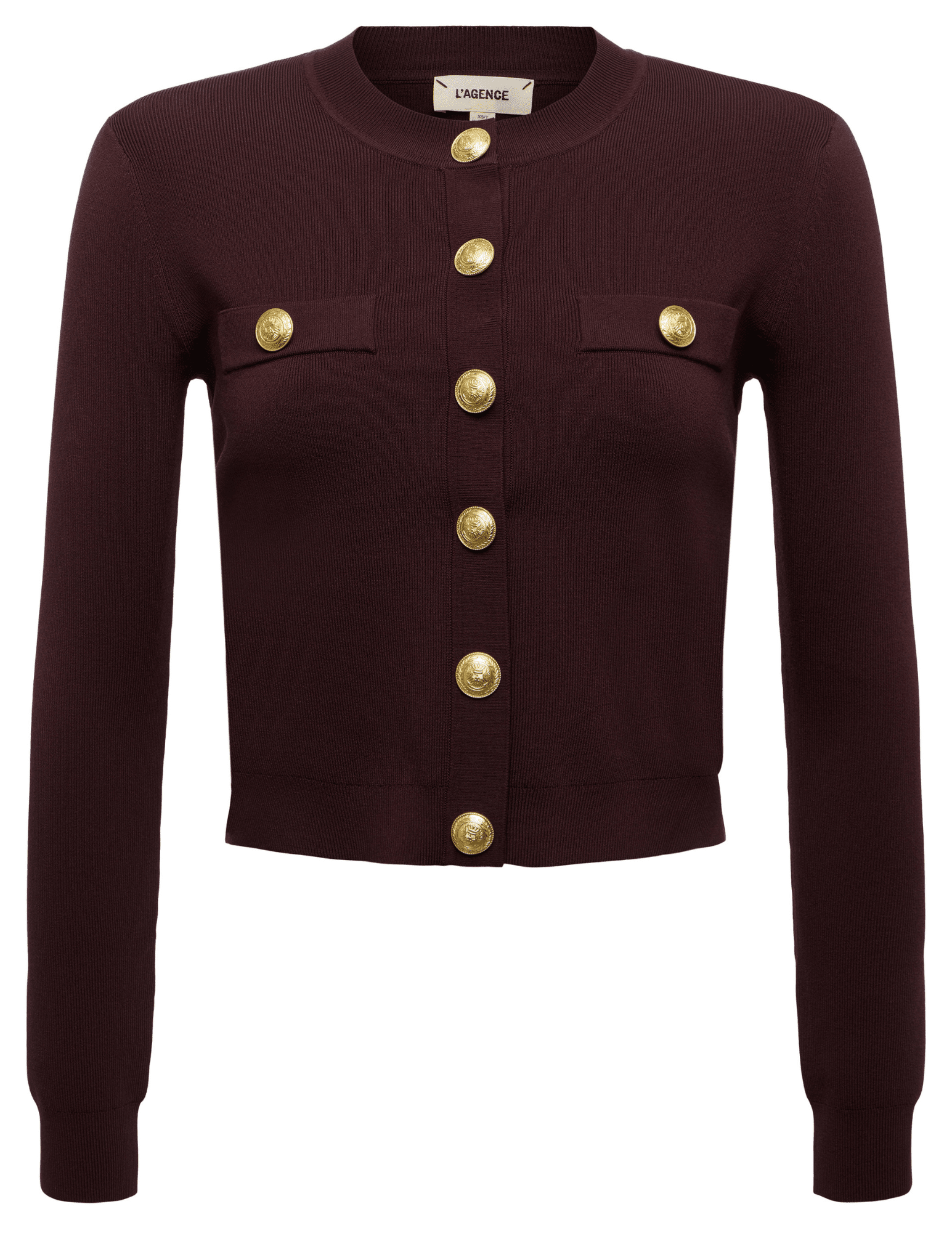 L’AGENCE Toulouse Cropped Crew Neck Cardigan in Chocolate Gold