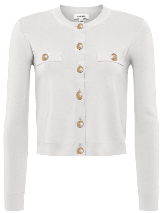 L’AGENCE Toulouse cropped crew neck cardigan in ivory with gold embossed buttons