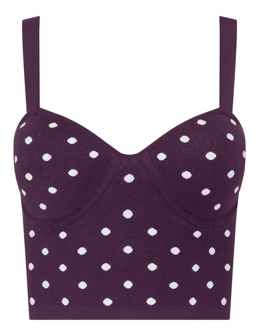 L'AGENCE Tula Knit Bra Top in Dark Plum Ivory Polka Dot.