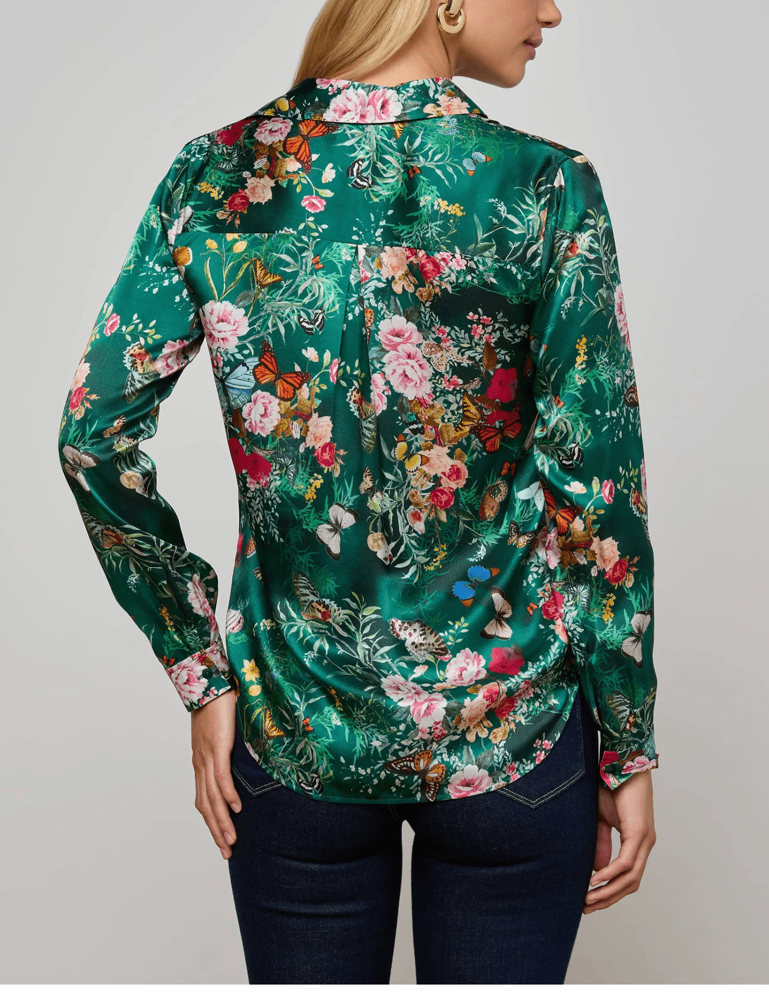 Back view of Tyler Blouse with all-over butterfly floral motif