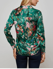 Back view of Tyler Blouse with all-over butterfly floral motif