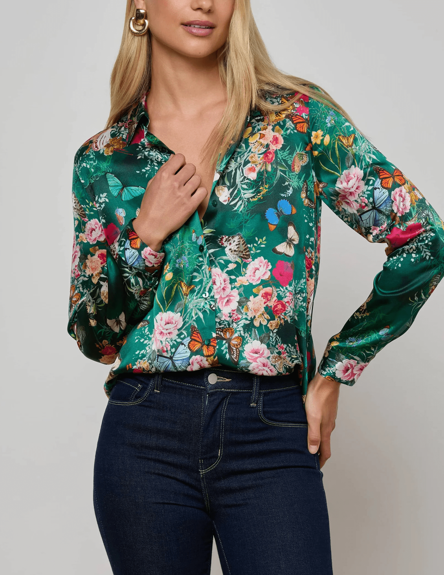 Front view of L’AGENCE Tyler Long Sleeve Blouse in Bottle Green Butterfly print