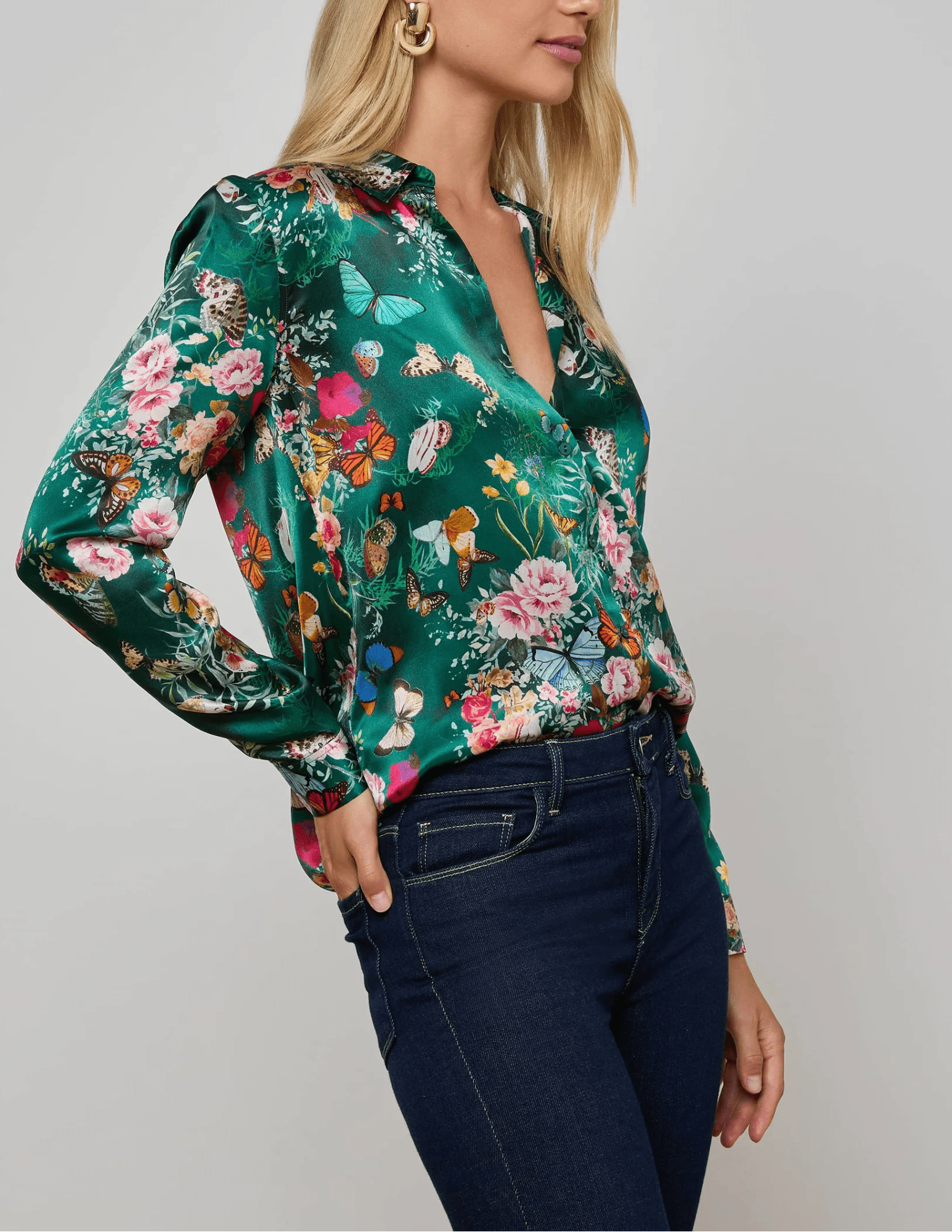 Side profile of Tyler Blouse showing slim fit and floral print