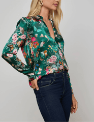 Side profile of Tyler Blouse showing slim fit and floral print