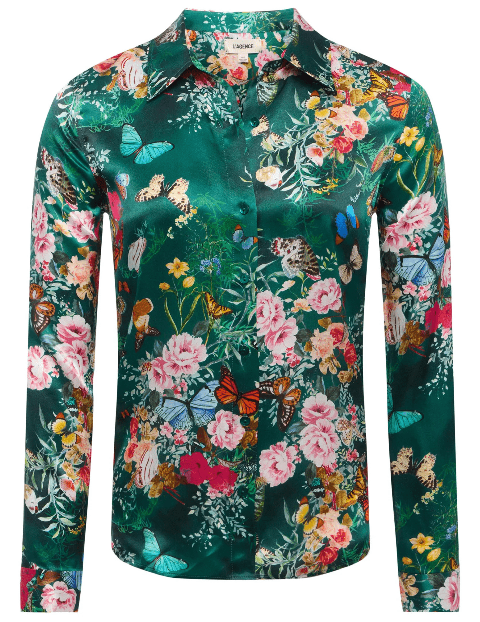 L’AGENCE Tyler Long Sleeve Blouse in Bottle Green Butterfly print