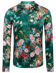L’AGENCE Tyler Long Sleeve Blouse in Bottle Green Butterfly print