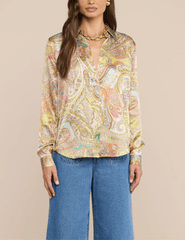 L'AGENCE Tyler Green Multi Cluster Paisley blouse styled with wide-leg jeans front view
