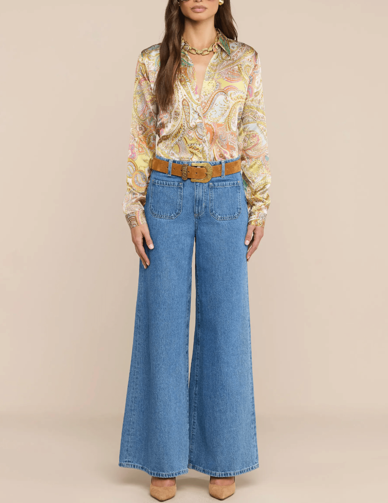 L'AGENCE Tyler Green Multi Cluster Paisley blouse styled with wide-leg jeans