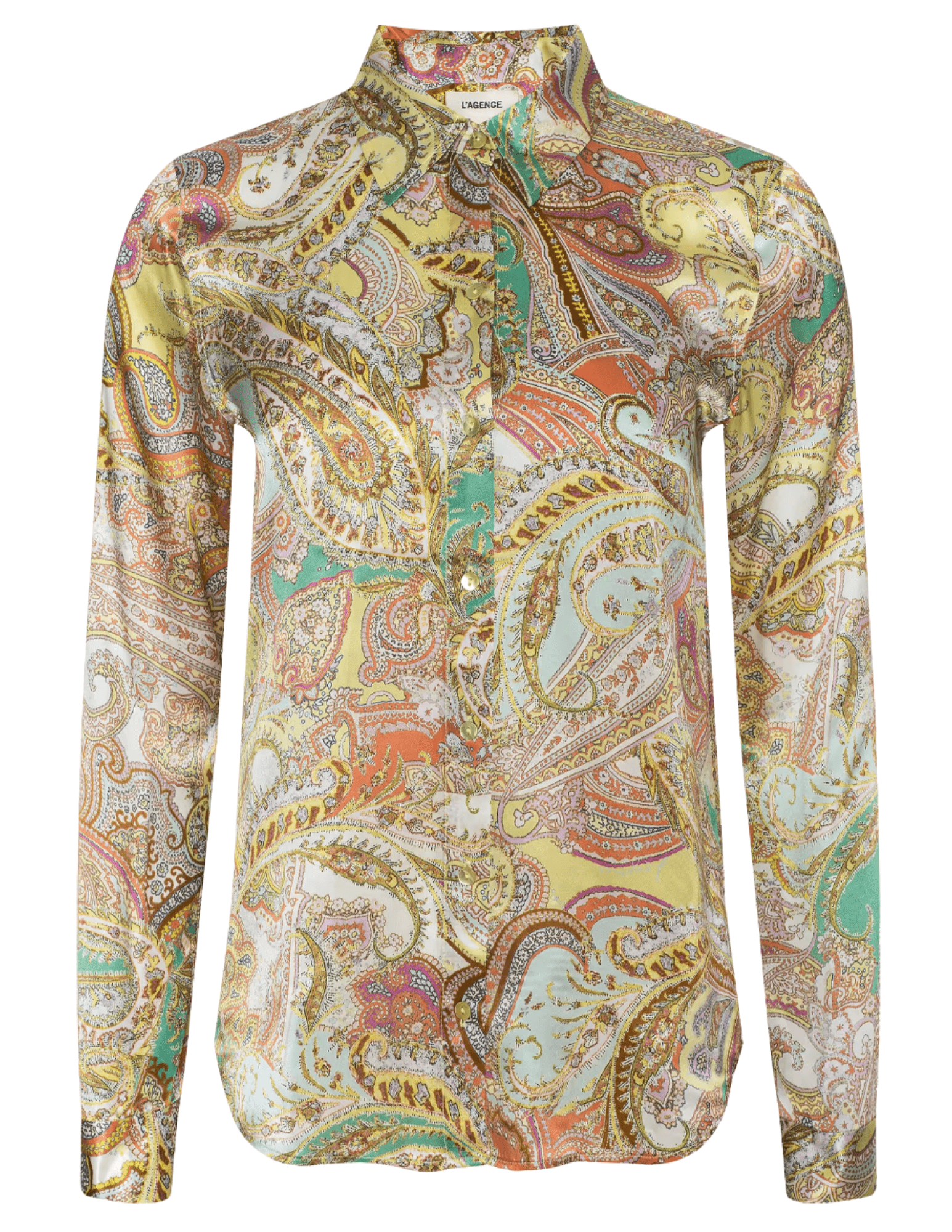 L'AGENCE Tyler Green Multi Cluster Paisley blouse styled with wide-leg jeans