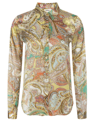 L'AGENCE Tyler Green Multi Cluster Paisley blouse styled with wide-leg jeans