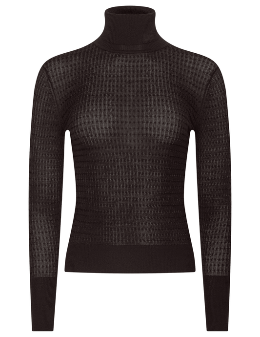 L'AGENCE Umbra tissue-weight wool turtleneck sweater in Dark Java with textured cable knit