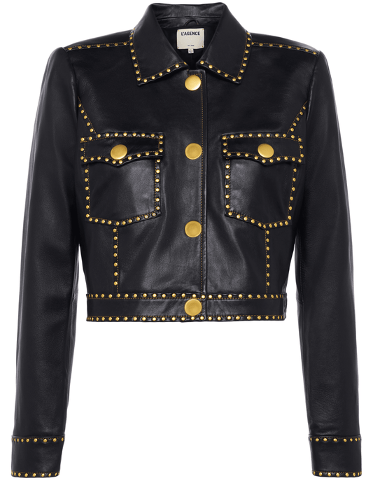 L’AGENCE Winsome Studded Leather Jacket in black lambskin with gold studs