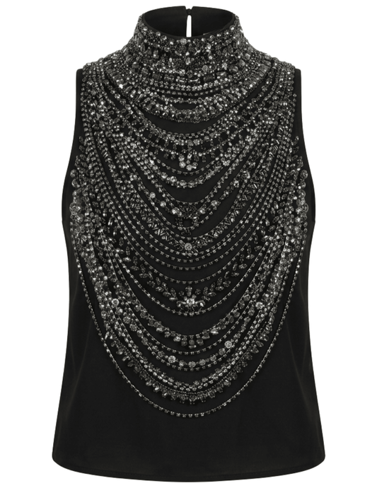 L'AGENCE Yun Draped Crystal Tank in Black with Smokey Grey Crystals.