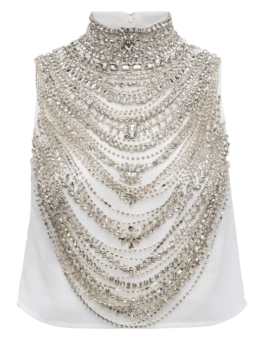 L’AGENCE Yun Draped Crystal Tank in Ivory with hand-sewn crystal embellishments.