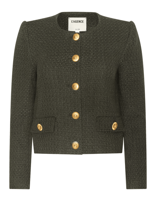 L'AGENCE Zell Tweed Collarless Jacket in Army