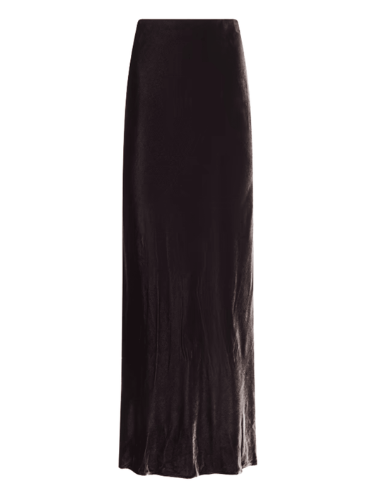 L'AGENCE Zeta Velvet Maxi Skirt in Dark Java featuring a flattering high waist and flowing velvet fabric.
