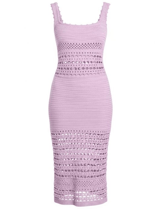 Retrofête Avril crochet midi dress in metallic lavande with square neckline