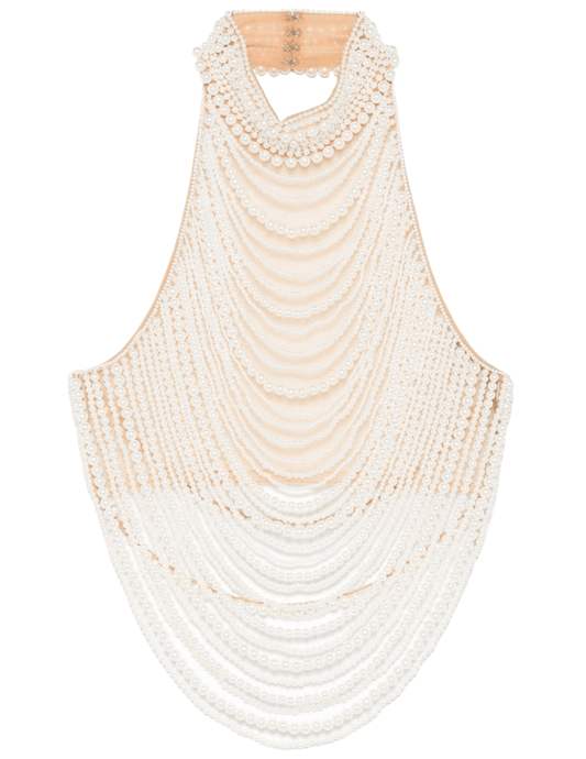 Retrofête Elsie pearl halter top in white with draped hand-beaded strands