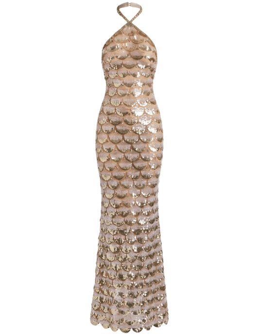 Retrofête Genovia embroidered maxi dress nude champagne