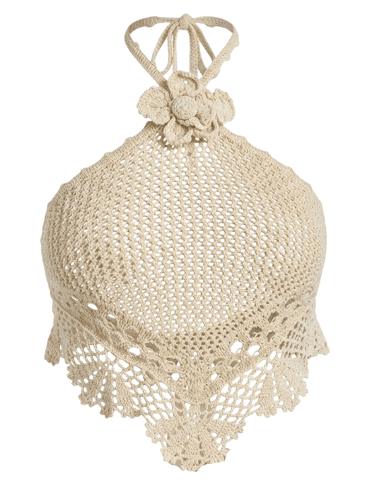 Retrofête Isaure metallic crochet halter top ivory