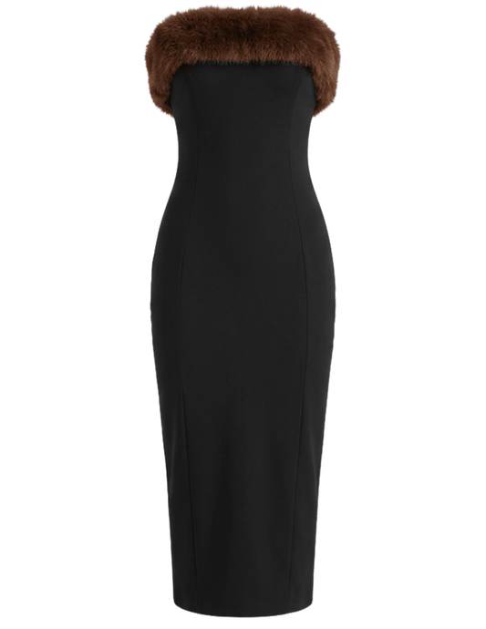 Ronny Kobo Harli Strapless Midi Dress in black featuring brown faux fur neckline and fitted stretch crepe silhouette