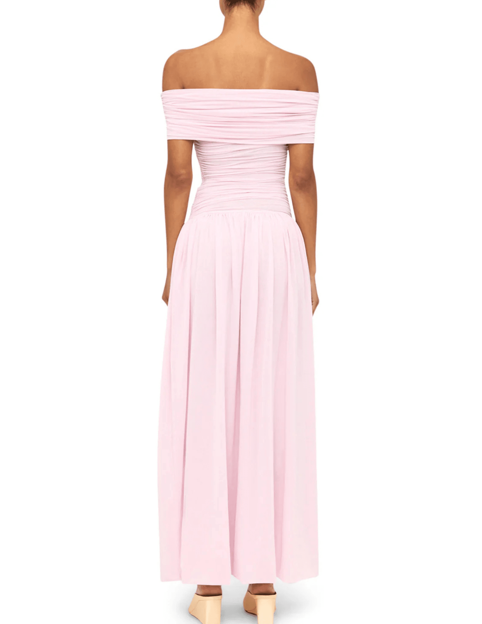 Back view of Ronny Kobo Irulan off shoulder maxi dress in icy pink