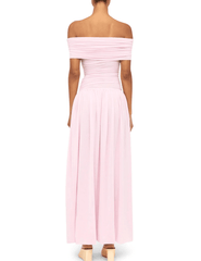 Back view of Ronny Kobo Irulan off shoulder maxi dress in icy pink