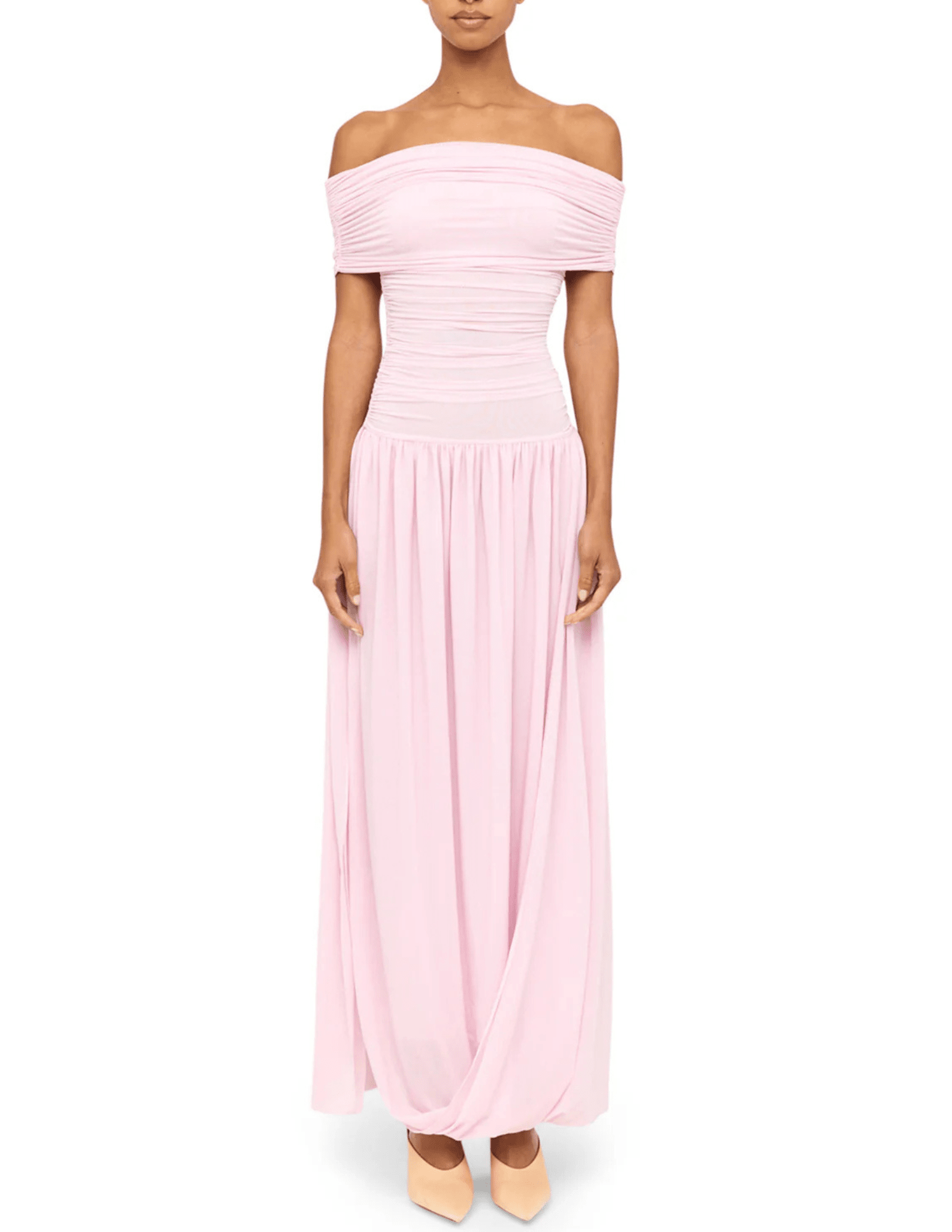 Front view of Ronny Kobo Irulan off shoulder maxi dress in icy pink