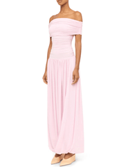 Side view of Ronny Kobo Irulan off shoulder maxi dress in icy pink