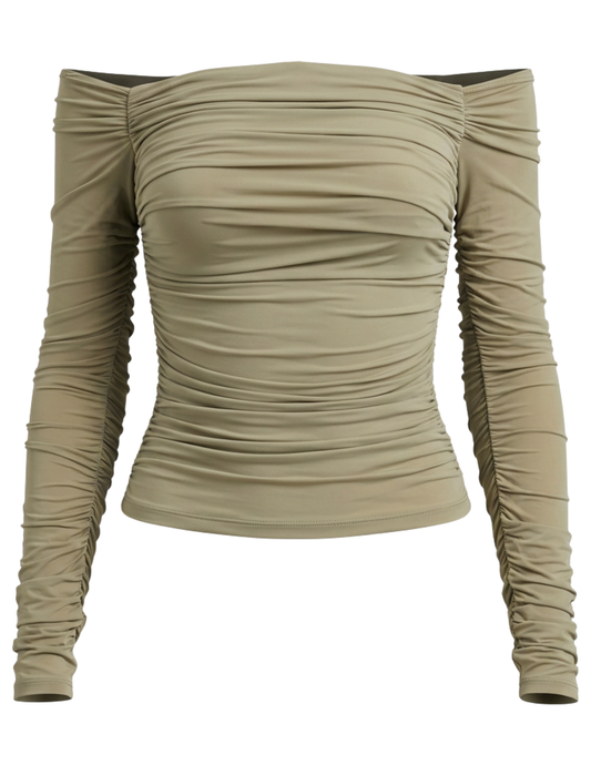 Ronny Kobo Ruby Off Shoulder Top in Elm with all-over ruching and long sleeves
