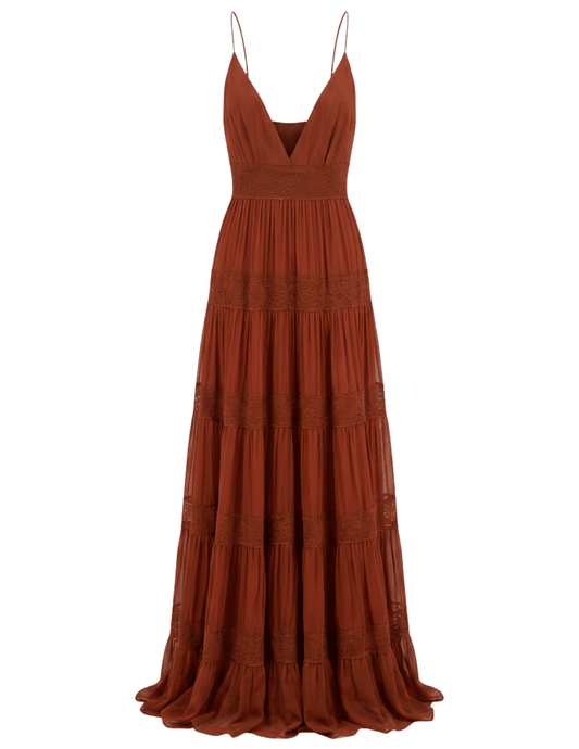 Ronny Kobo Rune V-Neck Maxi Dress in Russet