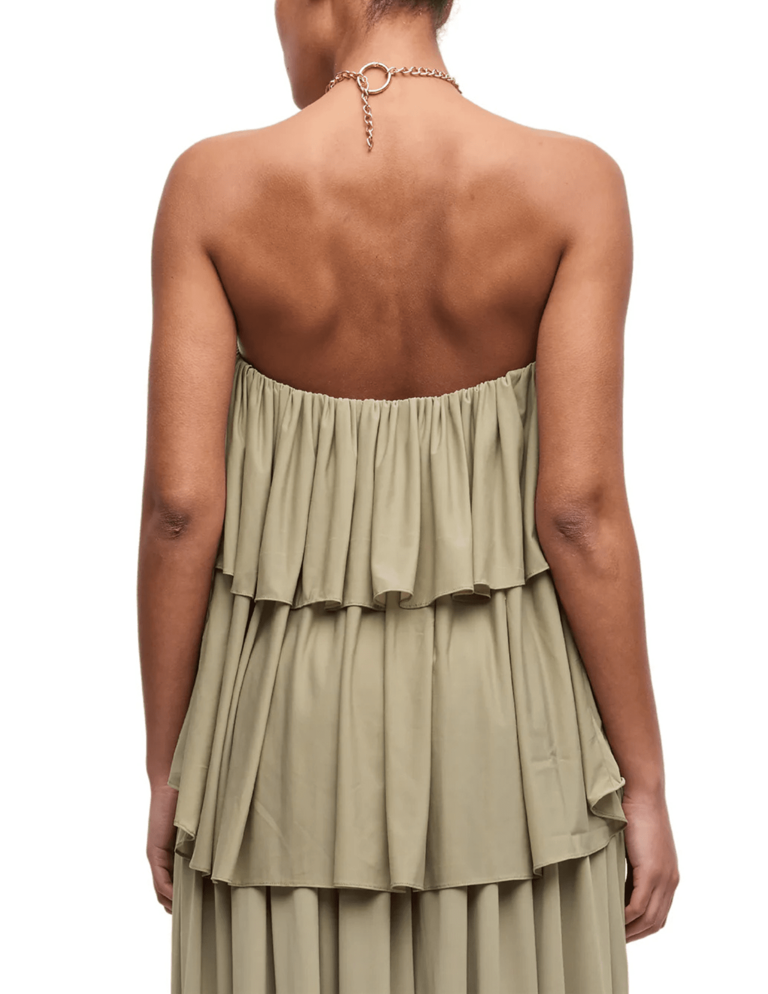 Ronny Kobo Starla Ruffle Chain Halter Top in Elm with gold-tone starfish chain detail back view