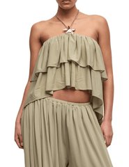 Ronny Kobo Starla Ruffle Chain Halter Top in Elm with gold-tone starfish chain detail front
