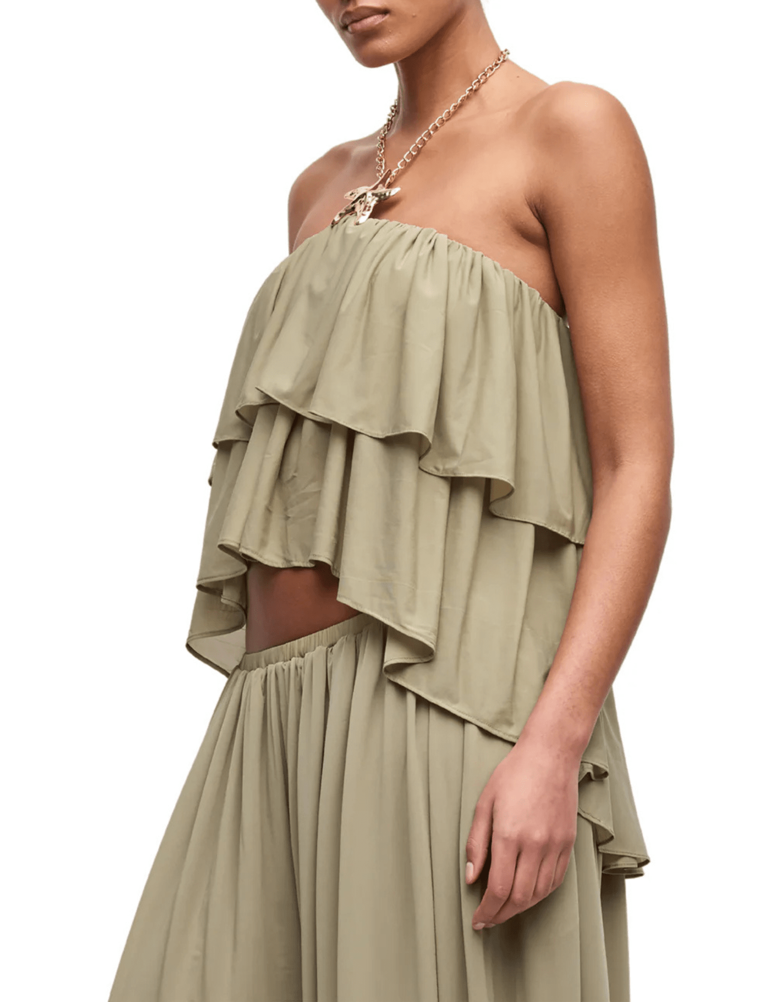 Ronny Kobo Starla Ruffle Chain Halter Top in Elm with gold-tone starfish chain detail side view