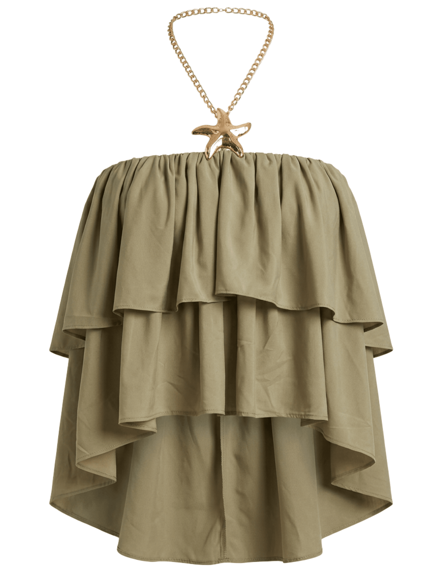 Ronny Kobo Starla Ruffle Chain Halter Top in Elm with gold-tone starfish chain detail
