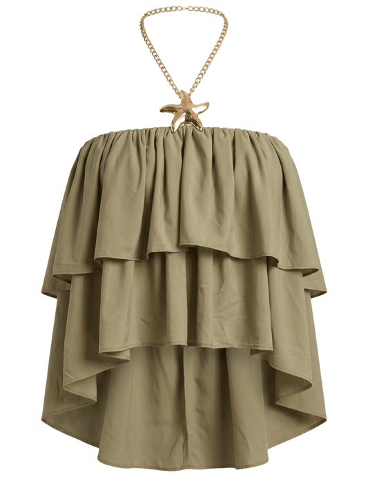 Ronny Kobo Starla Ruffle Chain Halter Top in Elm with gold-tone starfish chain detail