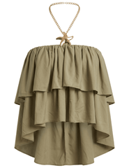 Ronny Kobo Starla Ruffle Chain Halter Top in Elm with gold-tone starfish chain detail