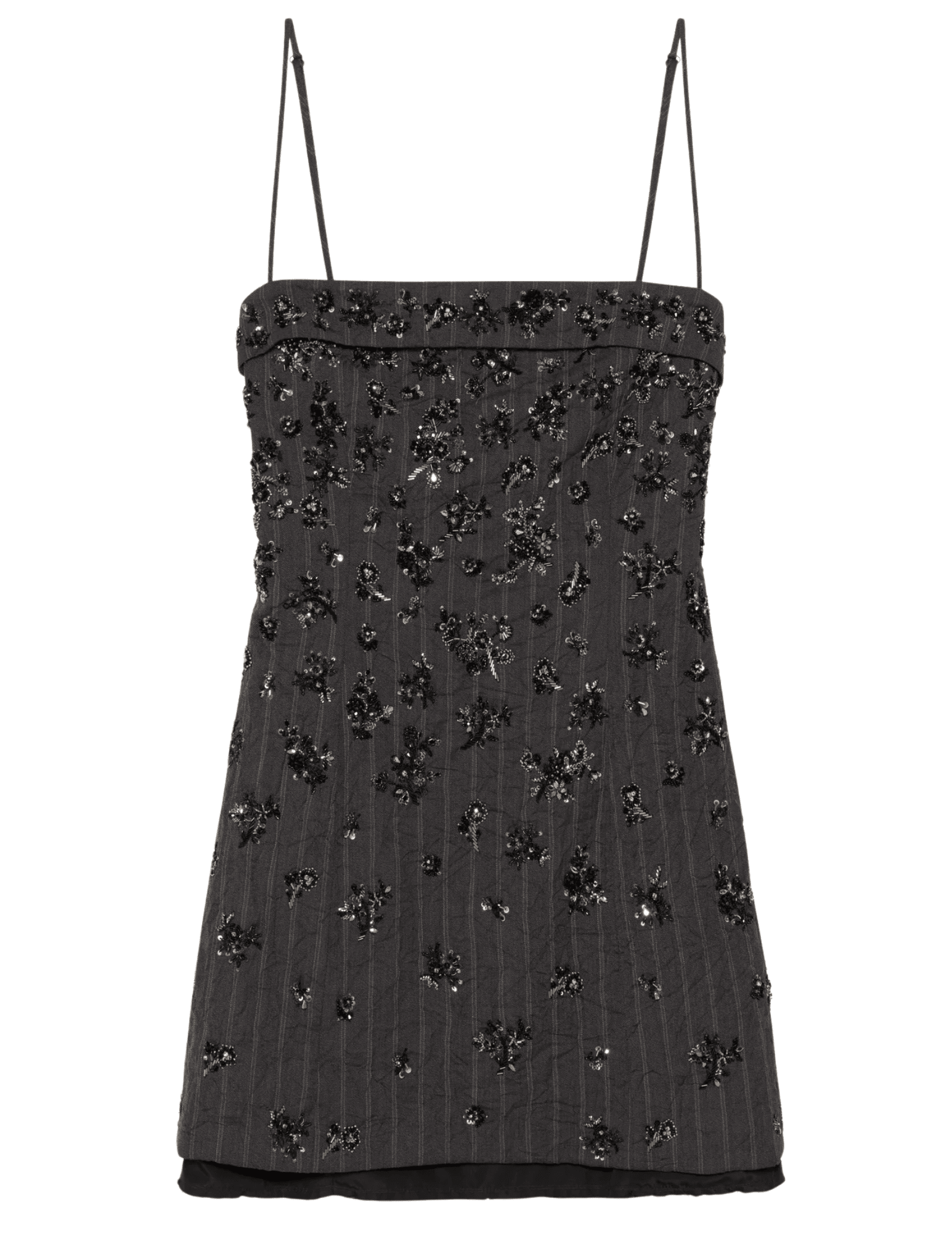 Simkhai Anden Embellished Mini Dress in charcoal pinstripe with floral beading.