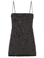 Simkhai Anden Embellished Mini Dress in charcoal pinstripe with floral beading.