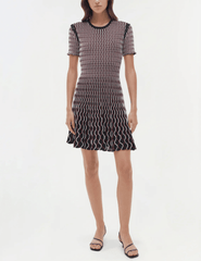 Simkhai Baylor Knit Mini Dress in cranberry multi with flared skirt and contrast trim front view