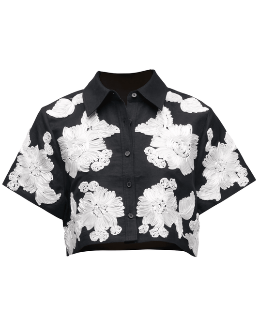 Simkhai Callie Embroidered Camp Shirt in black and white