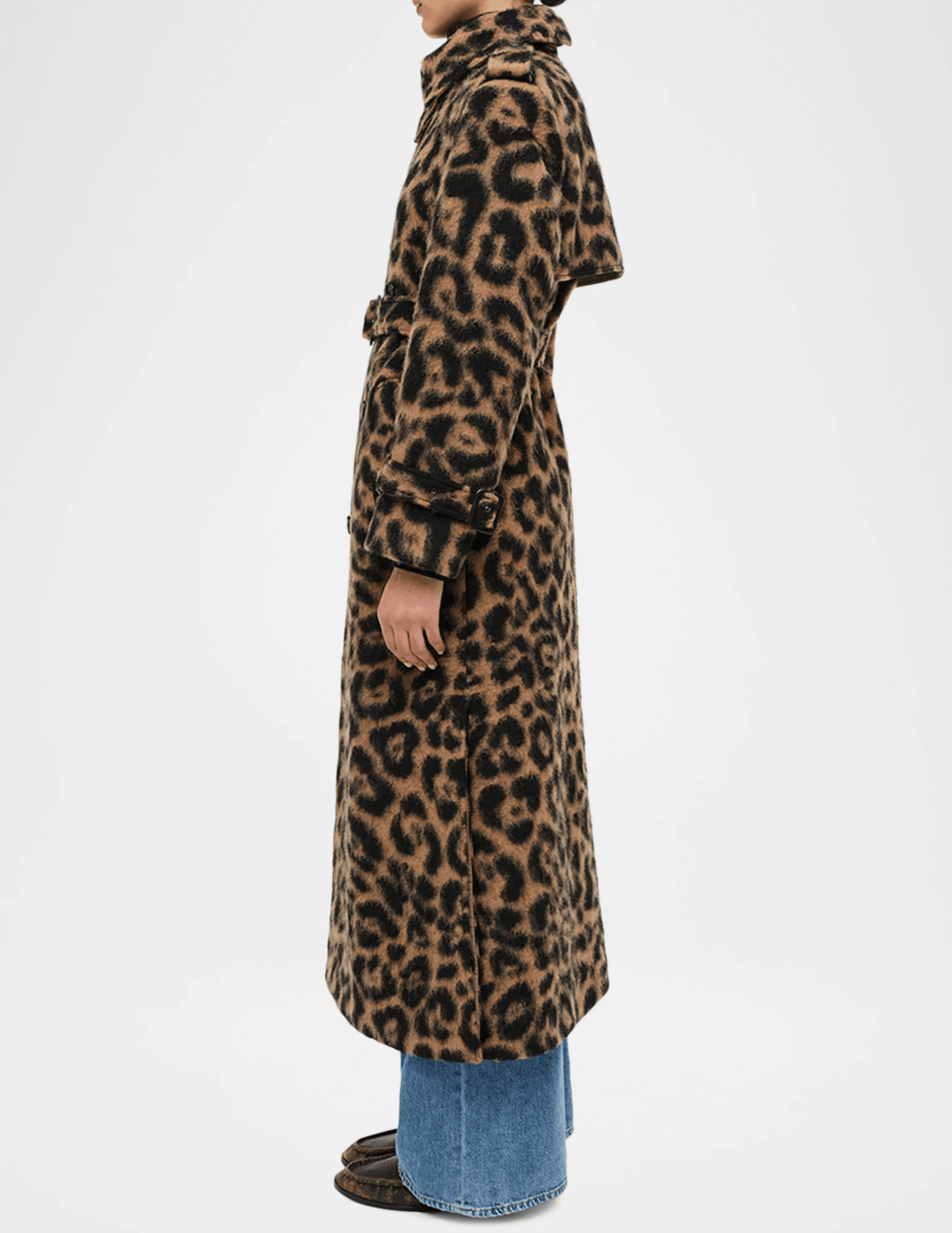 Side view of SIMKHAI Rumi Leopard Print Long Coat