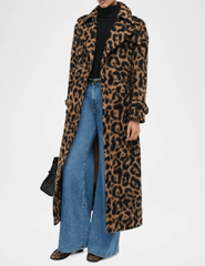 Side view of SIMKHAI Rumi Leopard Print Long Coat