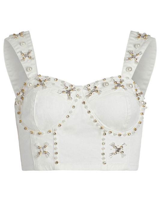 PatBO Hand-beaded Denim Cropped Bustier Top