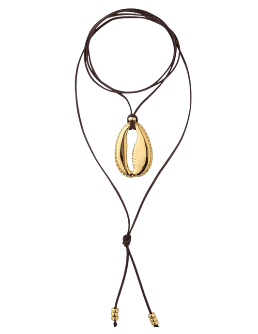 St. Barths Dara oversized gold puka shell rope necklace with brown suede cord