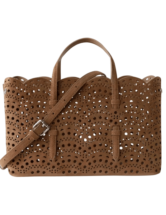 St Barths Eden suede 28 caramel laser cut tote handbag