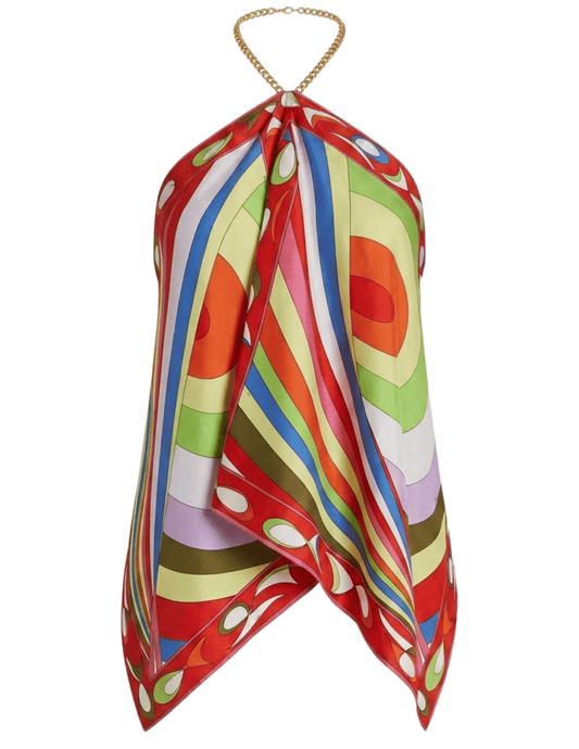 St. Barths rainbow kaleidoscope scarf halter top with chain neckline