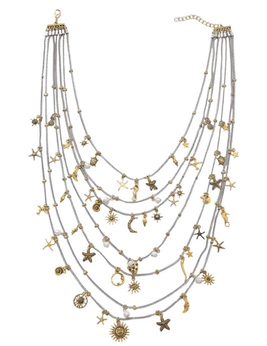 St. Barths La Robe Jojo Layered Charm Necklace in silver and gold with multi-strand chains.”