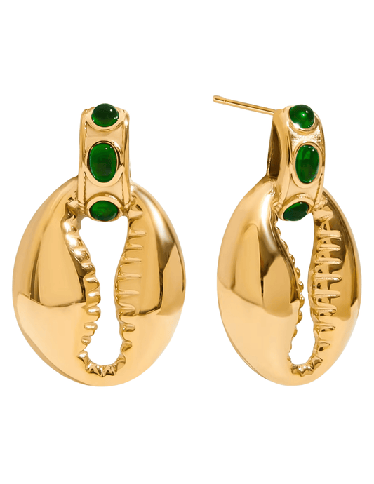 St. Barths Kiki green and gold puka shell dangle earrings with gemstone detail front